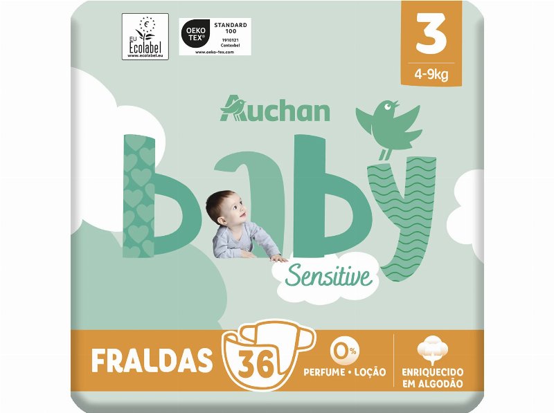 Fraldas Auchan Baby Sensitive Ecológicas Tamanho 3 4-9 kg 36Un
