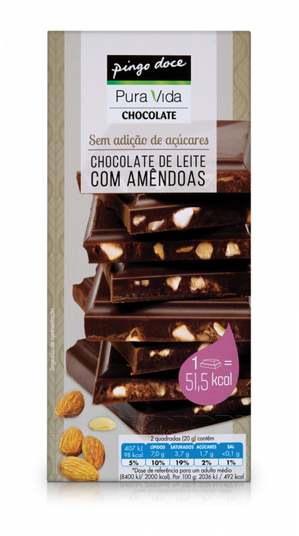 Tablete De Chocolate De Leite Com Amêndoas Sem Açúcar Pura Vida 0.1Kg