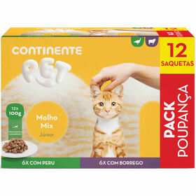 Comida Húmida Para Gato Júnior Molho Borrego E Peru Saquetas Continente Pet 12 X 100 g