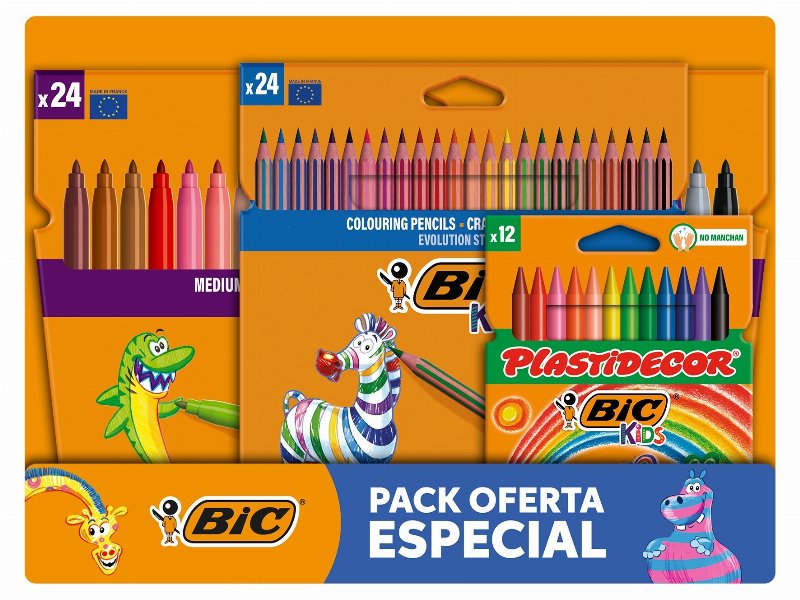 Pack Económico Bic Kids 24 Lapis Cor + 12 Lapis Cera + 24 Canetas Feltro