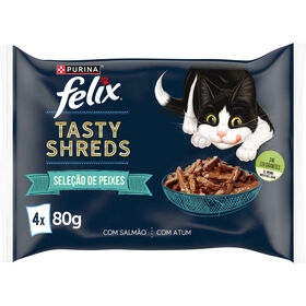 Comida Húmida Para Gato Tasty Shreds Seleção Peixes Atum E Salmão Purina Felix 4 X 80 g