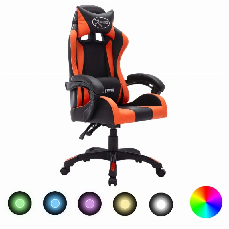 Hkh Cadeira Estilo Corrida Luzes Led Rgb Em Couro Artificial Laranja/Preto