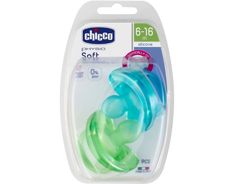 Chupeta Soft Chicco Silicone Azul E Verde 6-16Meses 2Un