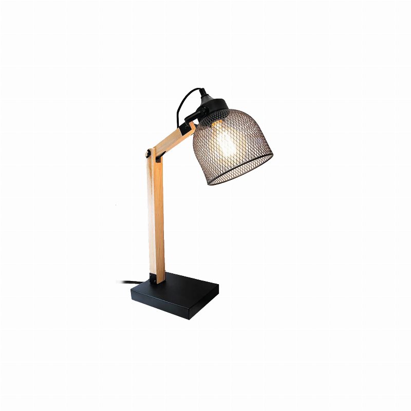 Candeeiro De Mesa De Metal Preto E Madeira E27