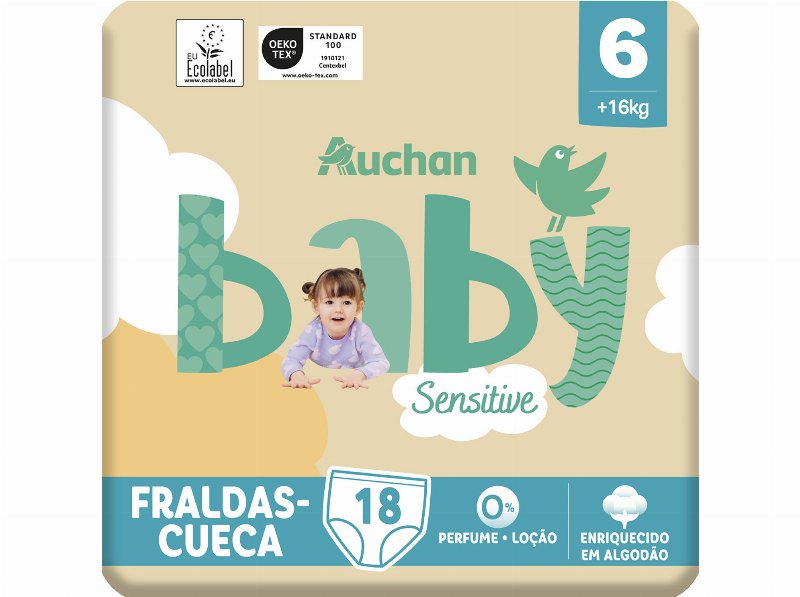 Fraldas Cueca Auchan Baby Sensitive Ecológicas Tamanho 6 +16 kg 18Un