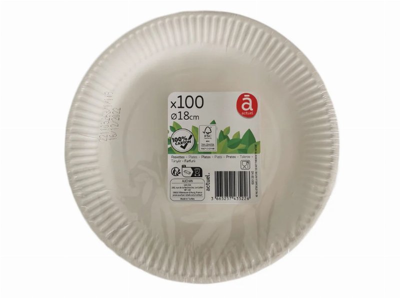 Prato Cartão Auchan Essencial Branco 18Cm 100 Unidades