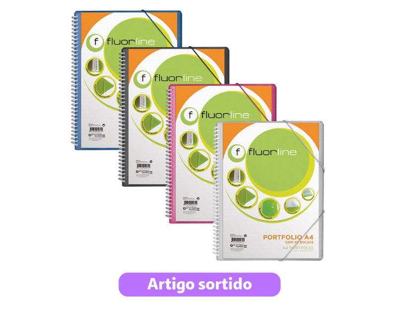Portfolio A4 Fluorline Espiral 40 Bolsas Cores Sortidas