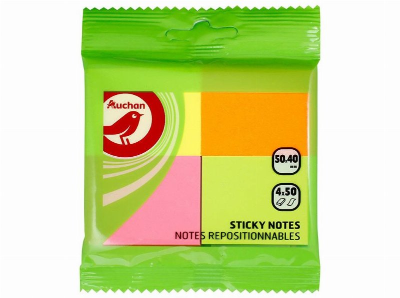 Conjunto De 4 Blocos De Notas Auchan Aderentes Com 50 Folhas 50X40Mm