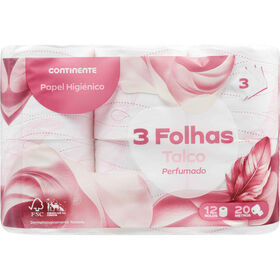 Papel Higiénico 3 Folhas Talco Perfumado Continente 12 Rolos