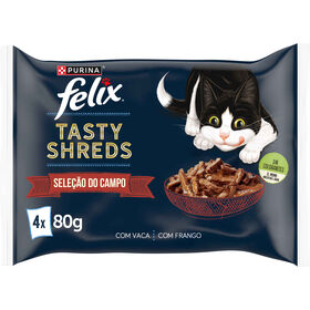 Comida Húmida Para Gato Tasty Shreds Seleção Do Campo Vaca E Frango Purina Felix 4 X 80 g