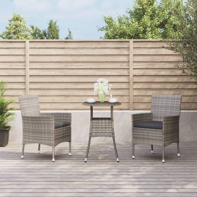 Hkh 3 Pcs Conjunto Bistrô De Jardim C/ Almofadões Vime Pe Cinza - Cinzento