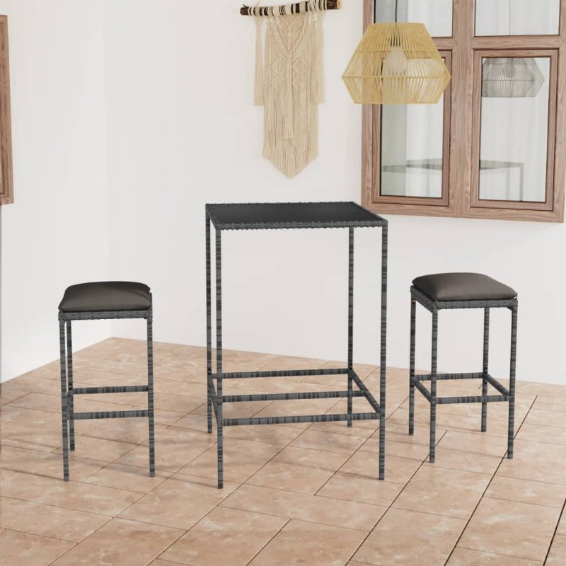 Hkh 3 Pcs Conjunto De Bar P/ Jardim C/ Almofadões Vime Pe Cinzento - Cinzeto