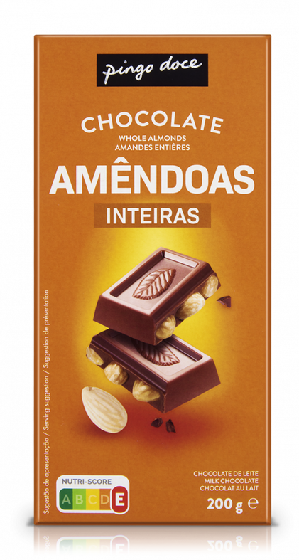 Tablete De Chocolate De Leite E Amêndoas Inteiras Pingo Doce 0.2Kg