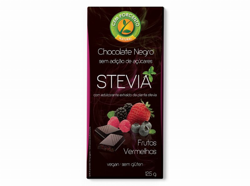 Tablete Chocolate Negro Cem Porcento Stevia Com Frutos Vermelhos 125 g