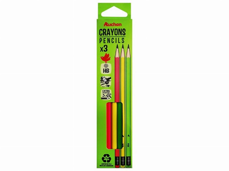 Conjunto De 3 Lápis Auchan Grafite Hb Com Borracha Neon