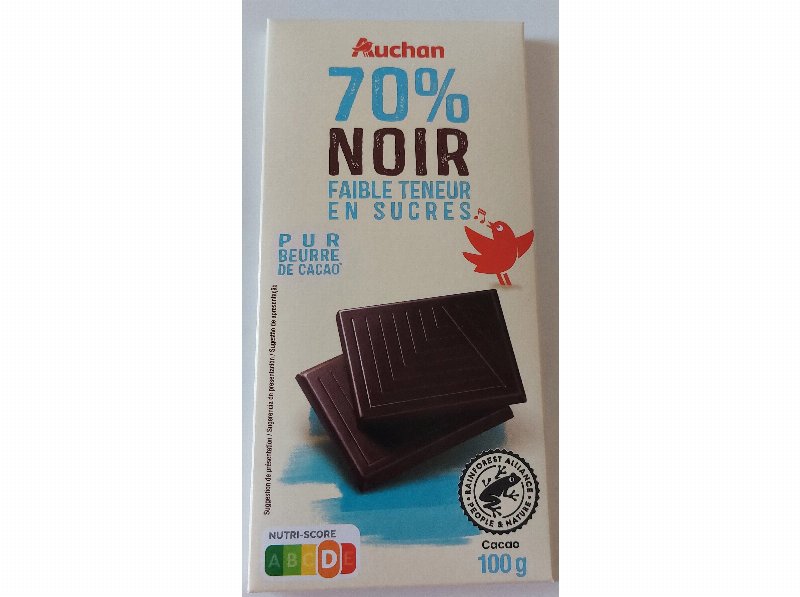 Chocolate Negro Auchan 70% Cacau E Com Baixo Teor De Açúcar 100 g