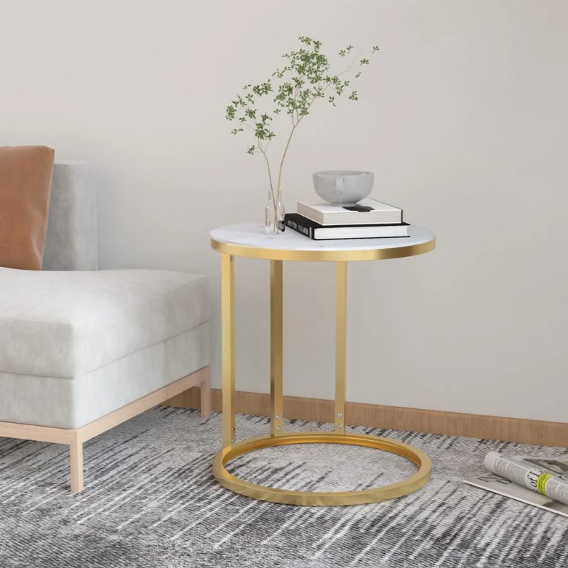 Hkh Mesa De Apoio 45 Cm Dourada E Vidro Temperado Mármore - Branco