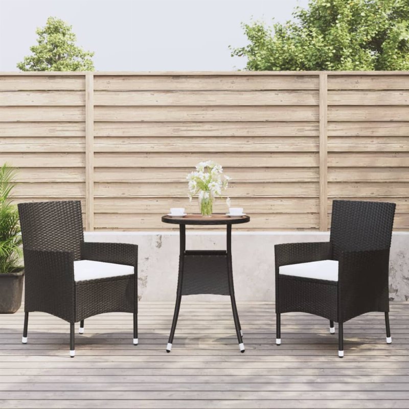 Hkh 3 Pcs Conjunto Bistrô De Jardim C/ Almofadões Vime Pe - Preto