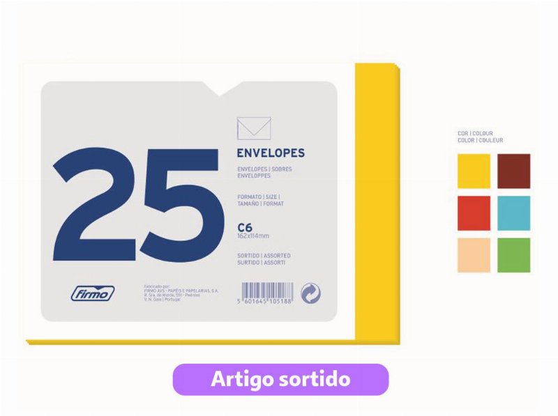 Envelope C6 Firmo 114X162Mm 25 Unidades Cores Sortidas