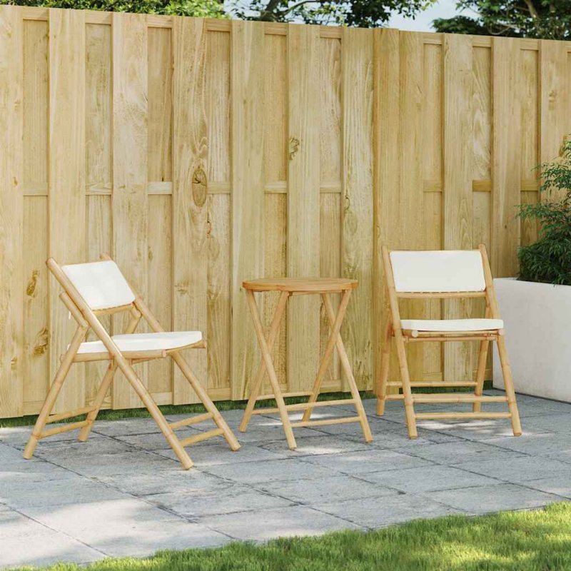 Hkh 3 Pcs Conjunto Bistrô Dobrável C/ Almofadões Branco Nata Bambu - Marrom