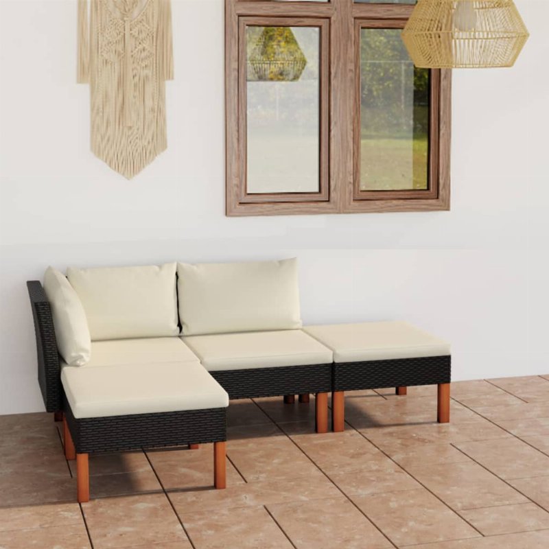 Hkh 4 Pcs Conjunto Lounge De Jardim C/ Almofadões Vime Pe - Preto