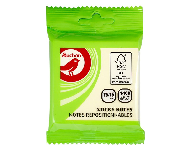 Blocos De Notas Aderentes Auchan Amarelo 75X75Mm 100 Folhas