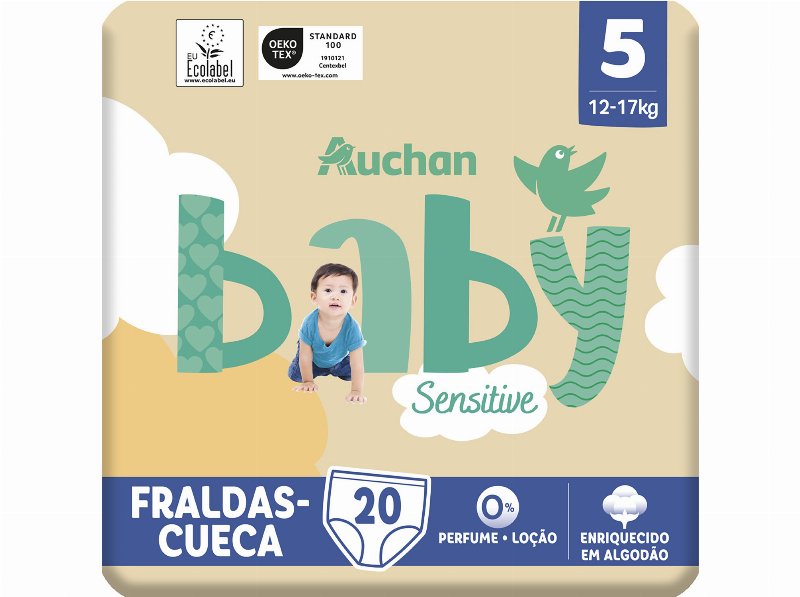 Fraldas Cueca Auchan Baby Sensitive Ecológicas Tamanho 5 12-17 kg 20Un