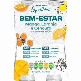 Iogurte Líquido Bem-Estar Manga, Laranja E Cenoura Sem Lactose Continente Equilíbrio 640 gr (4 Un)