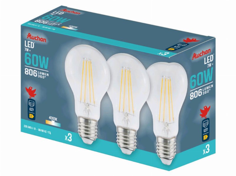 Lâmpada Led Standard Auchan E27 60W Eq Luz Branca 3 Unidades