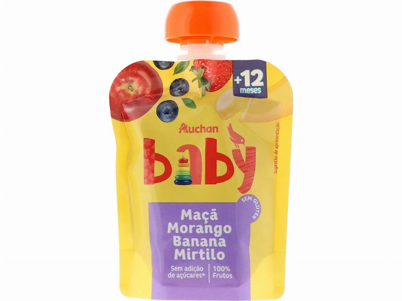 Saqueta De Fruta Auchan Baby Maçã Morango Banana E Mirtilo 90 g