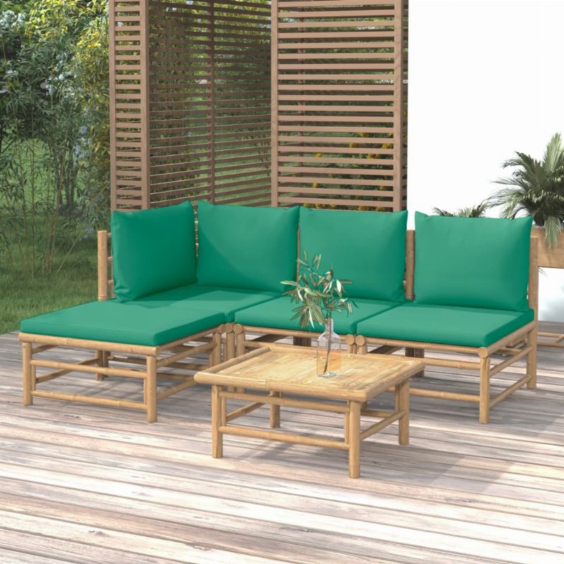 Hkh 5 Pcs Conjunto Lounge De Jardim Bambu C/ Almofadões Verdes - Marrom