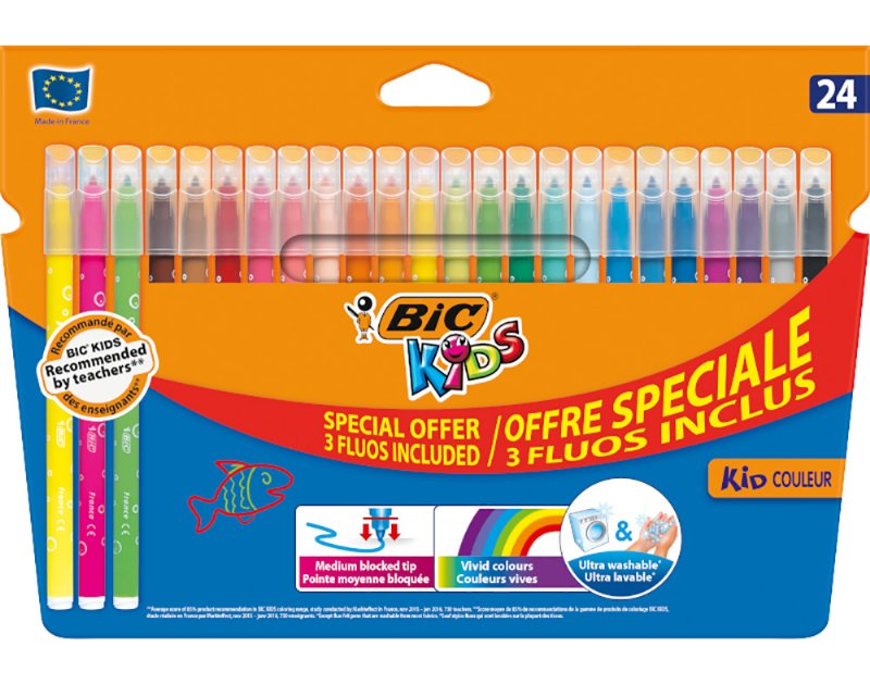 Marcadores Fluorescentes De Colorir Kids Bic Ponta Média Lavavel 24 Unidades