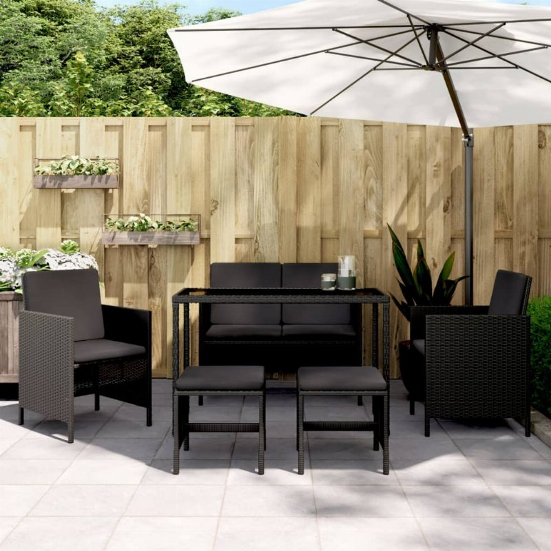 Hkh Conjunto De Jantar De Jardim Em Vime De 6 Peças Com Almofadas - Preto