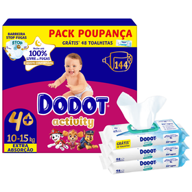 Conjunto Fraldas Activity 10-15 kg T4+ E Toalhitas Bebé Aqua Pure Dodot 144 Un + 96 Un + Oferta 48 Un