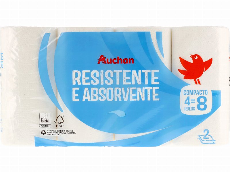 Rolo Cozinha Auchan Resistente E Absorvente Compacto Folha Dupla 4 Rolos = 8 Rolos