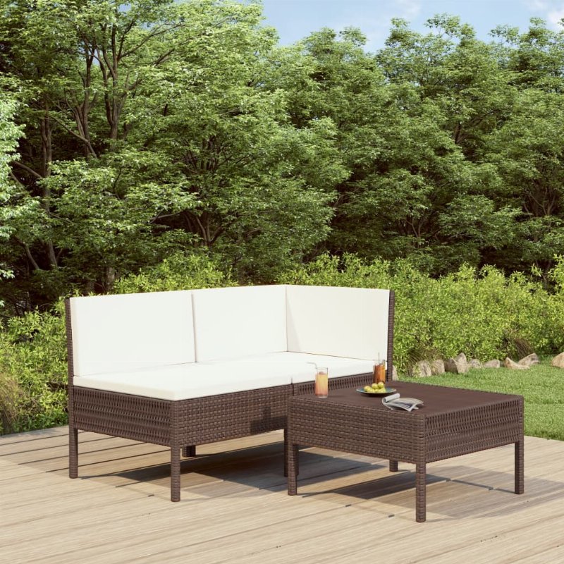 Hkh 3 Pcs Conjunto Lounge Jardim C/ Almofadões Vime Pe Castanho - Marrom