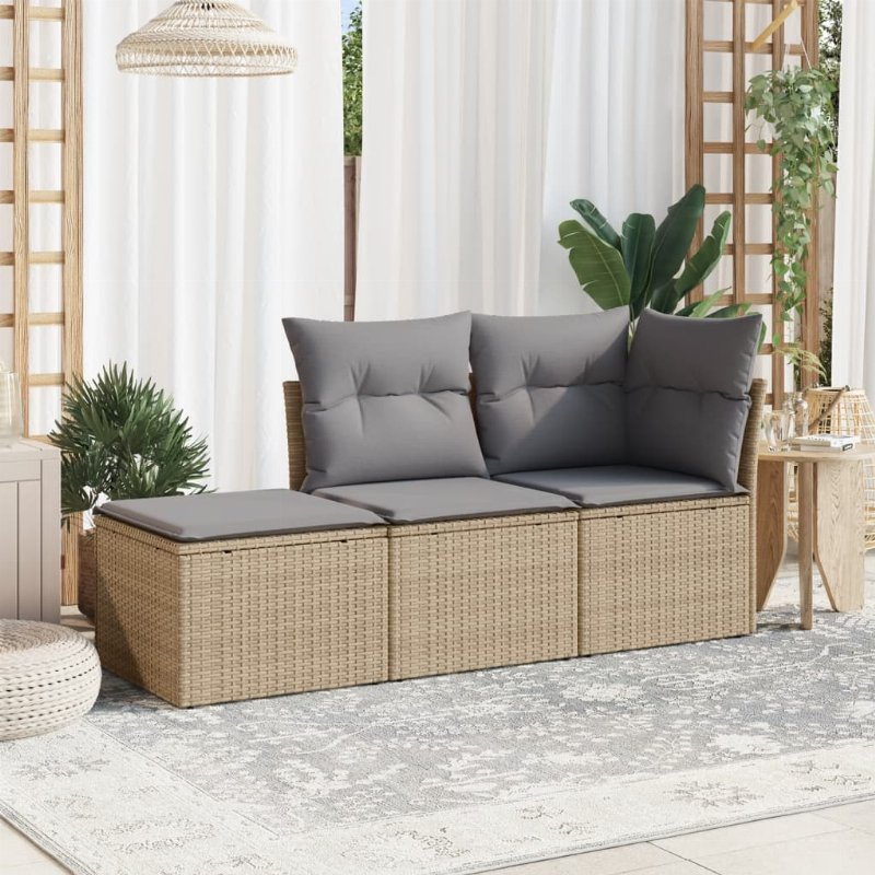 Hkh 3 Pcs Conjunto De Sofás P/ Jardim Com Almofadões Vime Pe - Bege