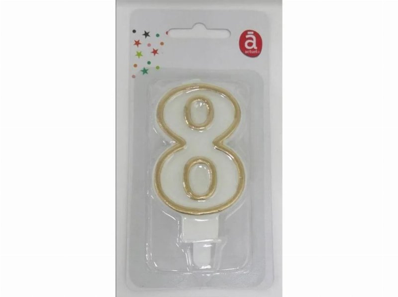 Vela Aniversário Nº 8 Actuel Branco C/Reb Dourado