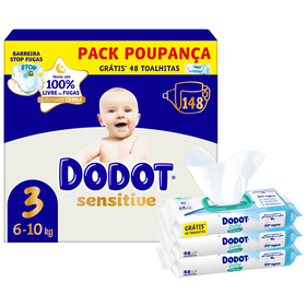 Conjunto Fraldas Sensitive 6-10 kg T3 E Toalhitas Bebé Aqua Pure Dodot 148 Un + 96 Un + Oferta 48 Un