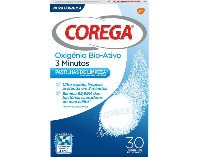 Pastilhas Corega Limpeza Oxigénio Bio Ativo 3 Minutos 30Un