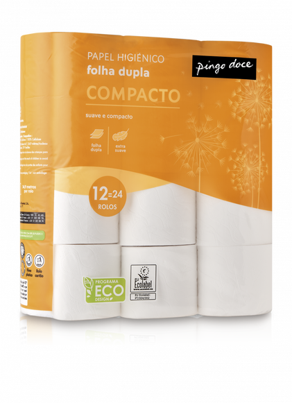 Papel Higiénico Compacto 2 Folhas 12=24 Rolos Pingo Doce 12Un