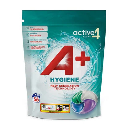 Detergente Máquina Roupa Cápsulas Active 4 Hygiene A+ 56Dos