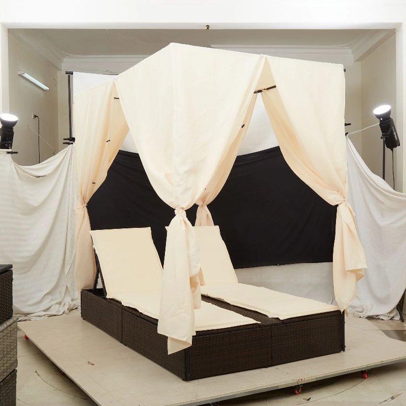 Espreguiçadeira Dupla Hkh Com Teto E Cortinas Rattan Sintético - Castanho