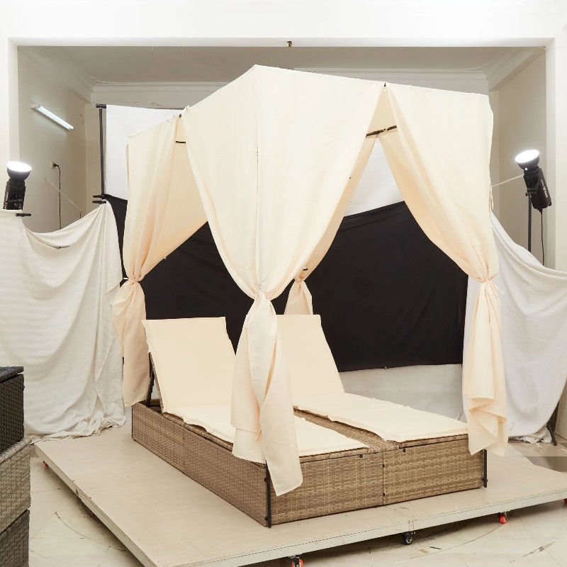 Hkh Chaise Longue Dupla Com Telhado E Cortinas Em Poli-Rattan - Bege