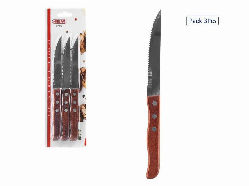 Conjunto De 3 Facas Serrilha Anilar Cabo Madeira