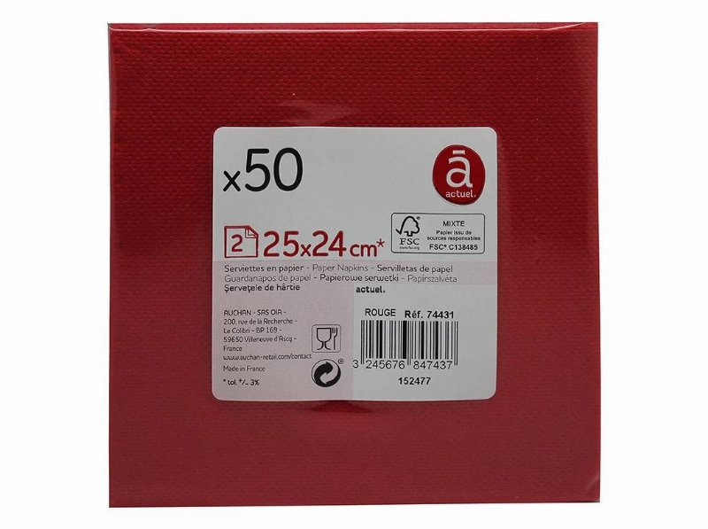 Guardanapos Folha Dupla Actuel Vermelho 25X25Cm Pack 50 Unidades