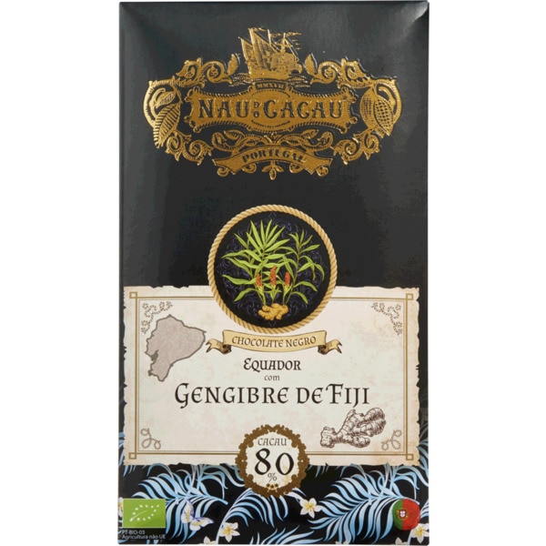 Chocolate Preto Equador Gengibre De Fiji 80% Cacau Biológico 80 g