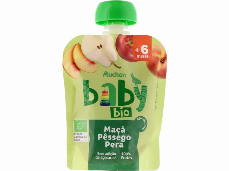 Saqueta De Fruta Auchan Baby Bio Maçã Pêssego E Pera 90 g