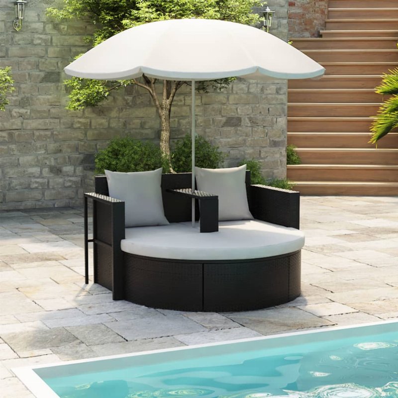 Hkh Espreguiçadeira Para Jardim Com Guarda-Sol Vime Pe - Preto
