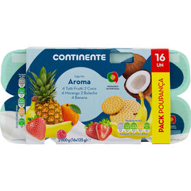 Iogurte Aroma Tutti Frutti, Coco, Morango, Bolacha E Banana Pack Poupança Continente 2000 gr (16 Un)